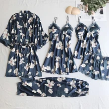 Сексуальные пижамы для женщин, 5 шт., домашняя одежда, тонкая секция, шифон, цветок, одежда для сна, ночное платье, Пижама, костюм для женщин, домашняя одежда, набор халатов