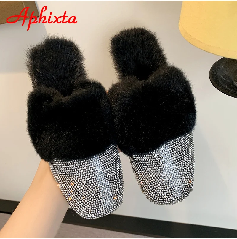 Aphixta/теплые зимние тапочки на натуральном меху; женские шлепанцы с украшением в виде кристаллов; женские пушистые тапочки; женская обувь на плоской подошве с кроличьим мехом