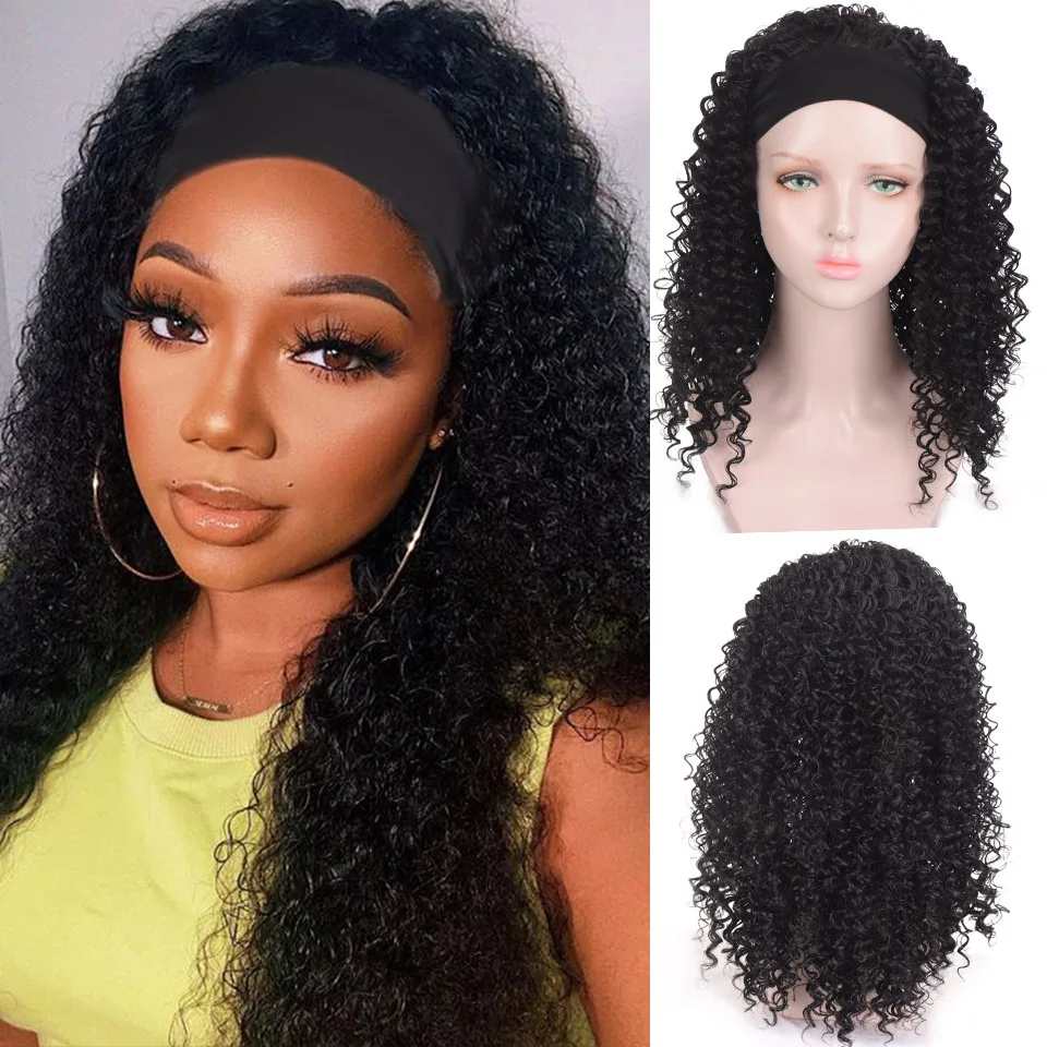 

HOUYAN headband wigs long African curly kinky hair middle curly synthetic wig black women party