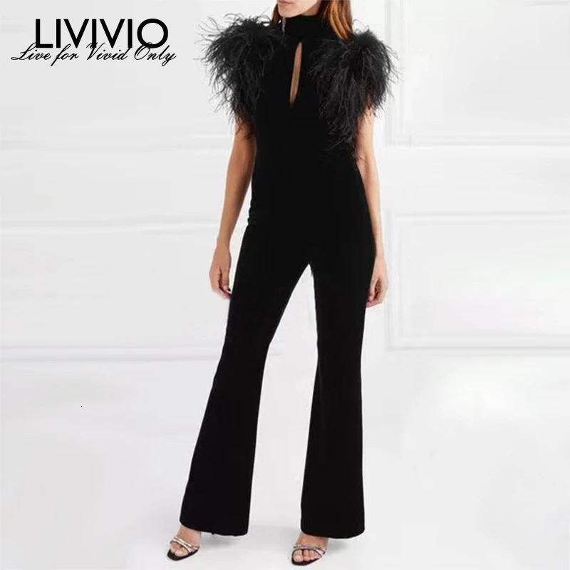 

[LIVIVIO] Feather Sleeveless Women's Black Velvet Long Jumpsuits Turtleneck Hollow Out High Waist Female 2019 Autumn Streetwear