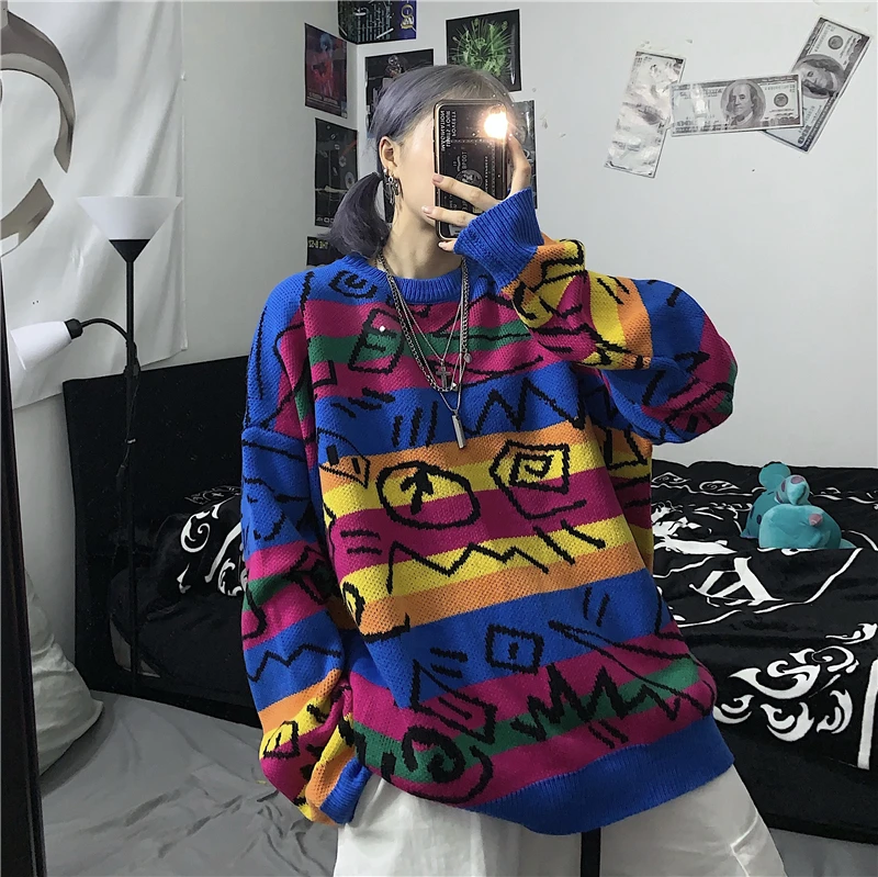Neploe пуловер с надписями свитер женский осень зима длинный рукав o-образный вырез хип-хоп Популярнейшая цветная полоска Harajuku джемпер 55362