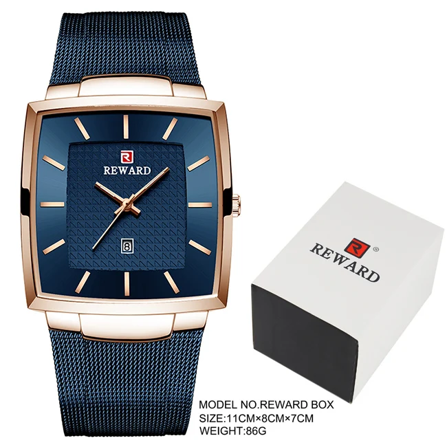 Rose Blue With Box Мужские часы с квадратным покрытием, модные ультратонкие сетчатые часы, водонепроницаемые кварцевые часы, повседневный деловой браслет для мужчин, наручные часы - Цвет: Rose Blue With Box