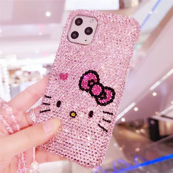 

Luxury Pink Full Bling Crystal Diamond Super Cute Cartoon Bowknot Cat Case Cover For iPhone 11 Pro XS Max XR X 8 7 6 6S Plus SE