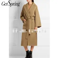 GETSPRING Женское пальто женское Шерстяное Пальто Бандаж с вырезами однотонный верблюжий женский s шерсть длинное пальто зима плюс размер Новая мода Повседневная