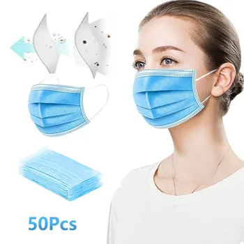 

In Stock 50pc Fabric Face Mask Disposable Mascarilla Safety 3 Layers Breathable Dustproof Windproof Earloop Mouth Filter Cover