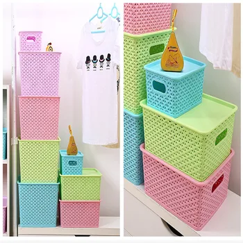 

1 set Rattan Plastic Storage Basket Kitchen Storage Office Toys Storage Basket Debris Toys Hollow Portable Storage Box with Lid