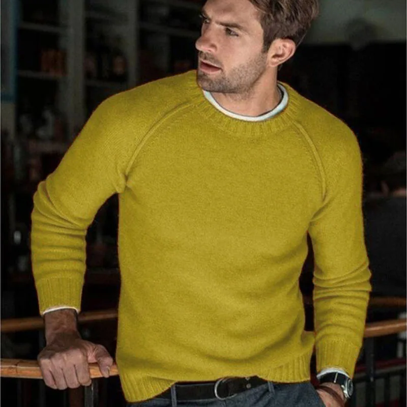 Осенне-зимний Однотонный свитер для мужчин, Повседневный приталенный мужской вязаный свитер, удобные о-образный вырез трикотаж, пуловер для мужчин, S-3XL