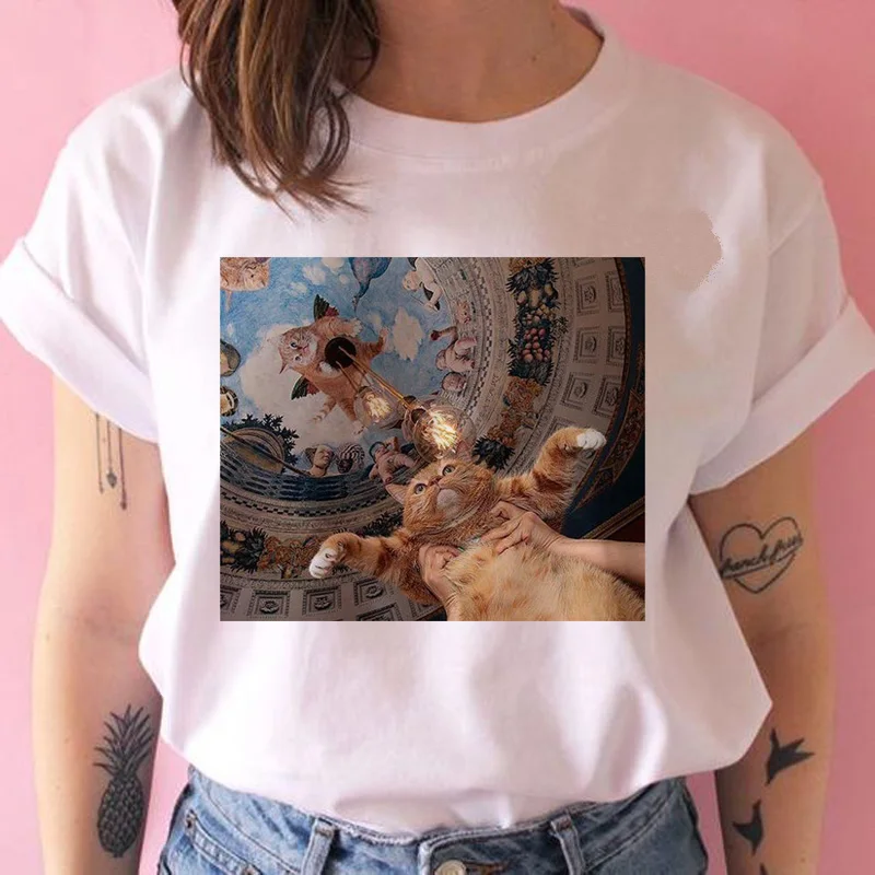Mona lisa cat Футболка ulzzang Женская Хип-хоп забавная Футболка модная harajuku kawaii женская футболка уличная 90s Tumblr - Цвет: 149