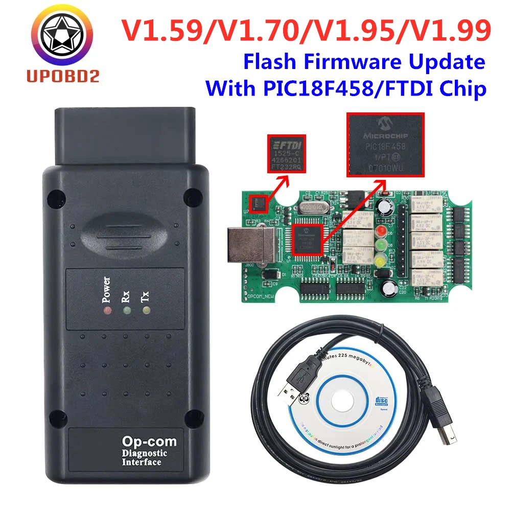Mais novo op com 1.70 1.95 1.99 1.59 para opel com pic18f458 + ftdi chip obd2 obd 2 ferramenta de diagnóstico opcom v1.70 pode ser flash atualização