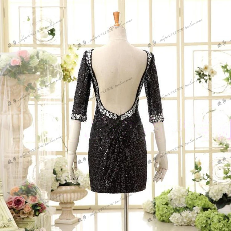 Короткое платье vestido de novia с рукавом три четверти, женское сексуальное черное платье с открытой спиной и блестками, Новое поступление, вечерние платья подружки невесты