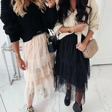 Новинка, Брендовые женские юбки, летняя юбка из тюля и сетки, эластичная юбка с высокой талией, многослойная плиссированная длинная юбка в горошек, Женская Длинная свободная мода, хит