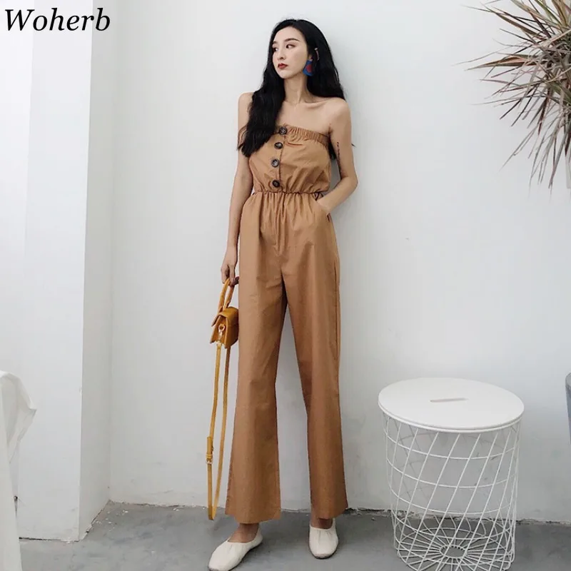 

Woherb Solid Khaki Jumpsuit Rompers Women Sleeveless Button Playsuit Korean Clothes Elegant Sleeveless Wide Leg Sexy Jumpsuits