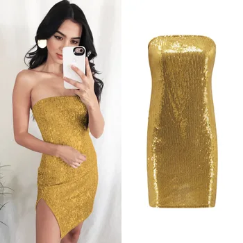 

New Style Independent Station Hot Selling Women's Boob Tube Top Backless Slit Skirt Sequin Dress 2808