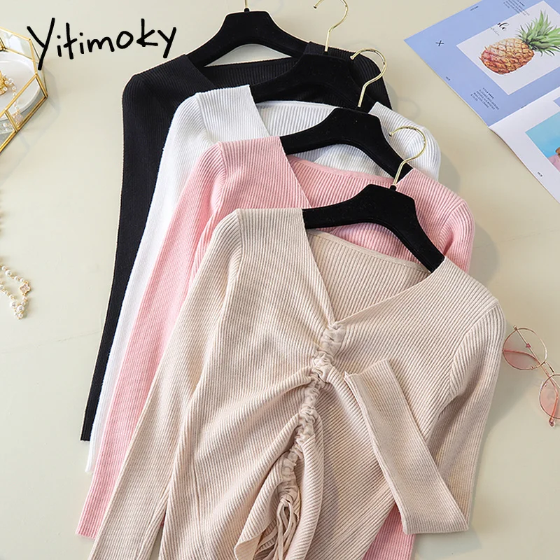 Розовый женский осенний свитер на шнурке с v-образным вырезом вязаный джемпер со