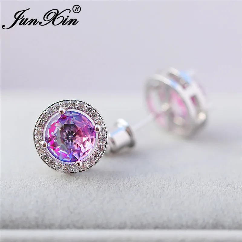 Boho Gradient Colorful Purple Pink Zircon Round Stud Earrings For Women White Gold Rainbow Fire Crystal Wedding Earrings Jewelry