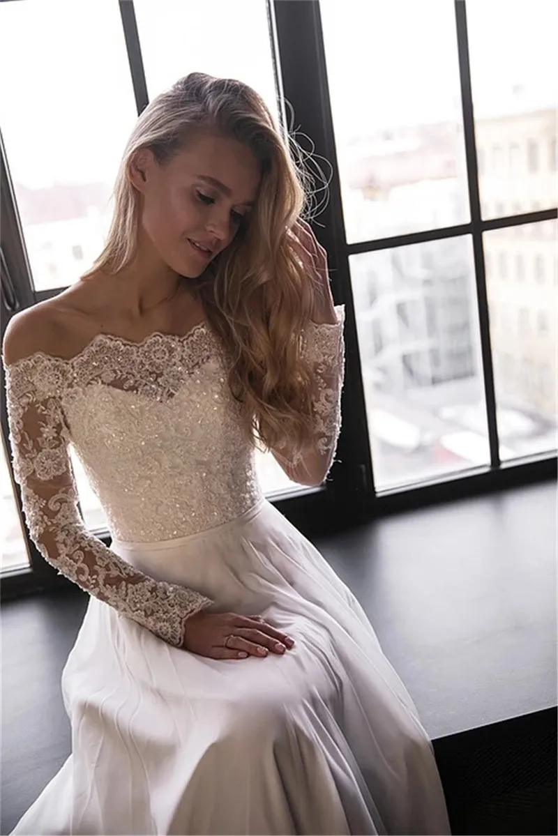 

Modest Bateau Long Sleeves Lace Appliques A-Line Wedding Dresses Chiffon Long Skirt Bridal Gowns Sequins Back Buttons
