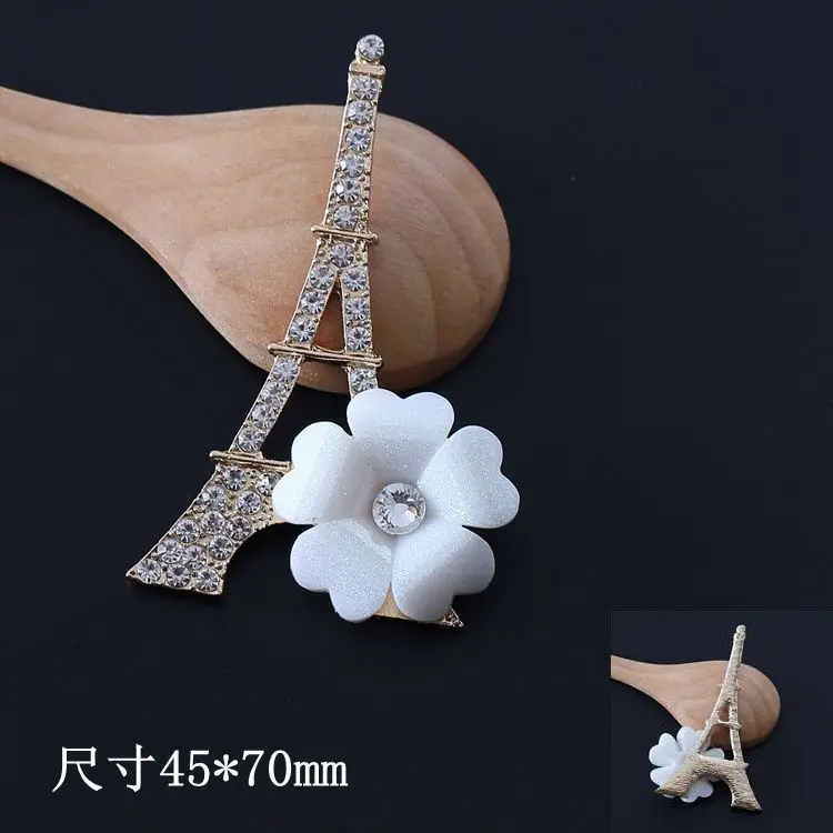 Rhinestone Eiffel Tower Charm Pendants for Flower Center 10pcs Gold Metal Embellishment with Crystal 2pcs Flat Back DIY Buttons
