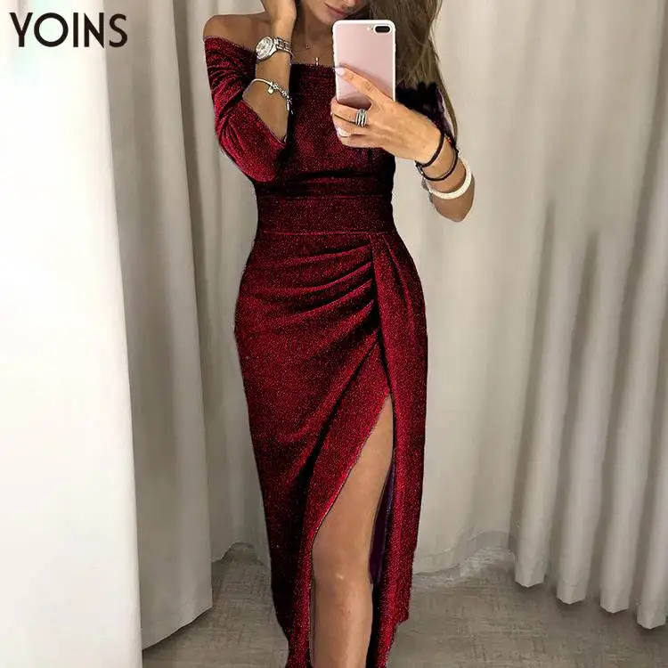 YOINS элегантное блестящее платье с открытыми плечами и короткими рукавами, с рюшами, с разрезом,, сексуальные женские облегающие макси платья, вечерние платья, Vestidos Femme - Цвет: Бургундия