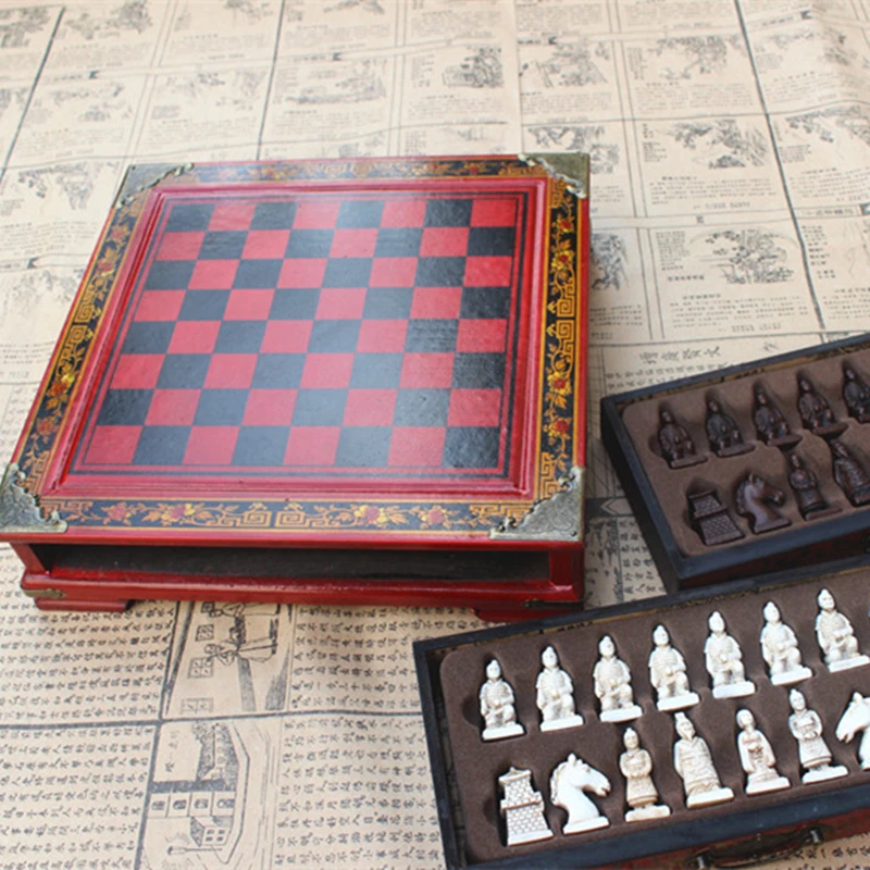

New Wood Chess Chinese Retro Terracotta Warriors Chess Wood Do old Carving Resin Chessman Christmas Birthday Premium Gift