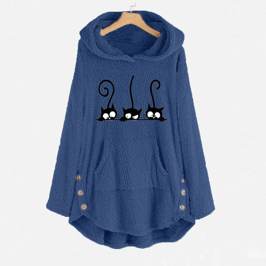 Милые уличные модные женские толстовки Harajuku Kawaii Cat Вышивка толстовка с капюшоном Вышивка плюс бархатный пуловер Топы d