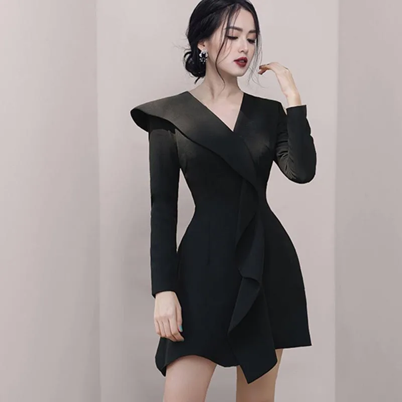 

One-Piece Spring Autumn 2020 Ruffle Casual Dress Vintage Elegant Temperament Slim Was Thin Dress Asymmetrical Long Sleeve Dress
