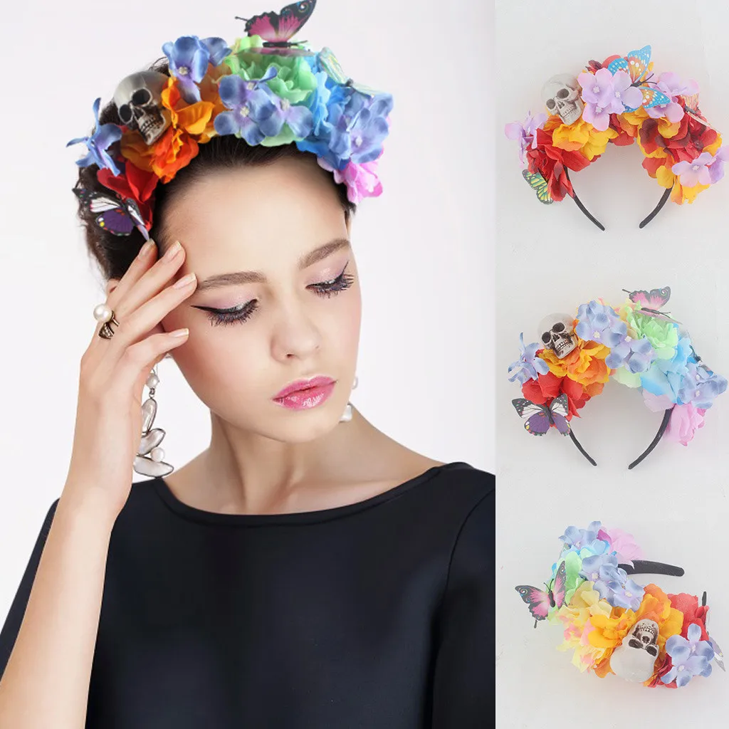 Halloween Party Prom Headband Skull Rose Floral Hairband Halloween Headdress Girls Women Funny Hair Accessories Adjustable