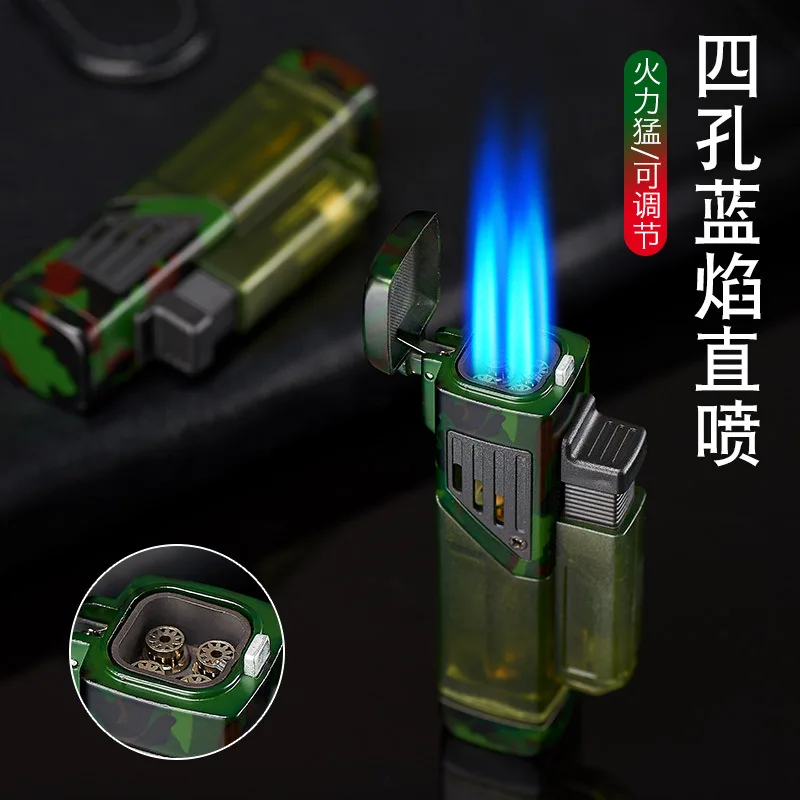 

Four Nozzles Big Flame Lighter Turbo Jet Cigar Pipe Refillable Gas Lighter Windproof Powerful Metal Spray Gun Cigarette Lighter