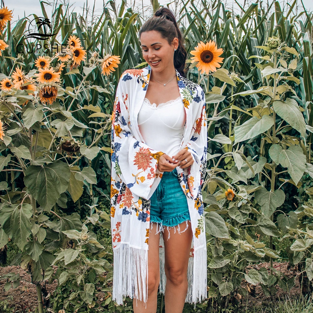 CUPSHE Boho Цветочный Принт бахрома миди бикини накидка сексуальный длинный халат