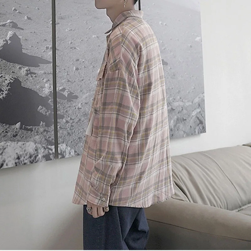 Oversized большие мужские рубашки в клетку с длинными рукавами шикарная модная хлопковая рубашка в клетку в стиле хип-хоп топы уличная Мужская осенняя синяя/розовая