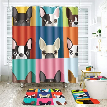 

Dog Printed Shower Curtain Bath Mats Set Non-Slip Toilet Lid Cover Rugs Foot Pads For Bathroom Ground Mats