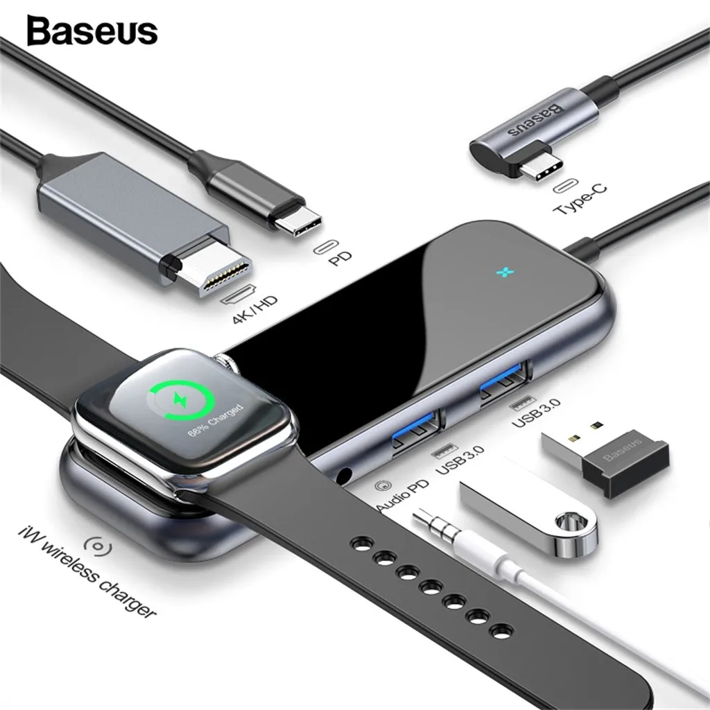 USB C концентратор к USB 3,0 HDMI RJ45 адаптер для MacBook Pro Air мульти Тип C концентратор с беспроводной зарядкой для iWatch USB-C концентратор