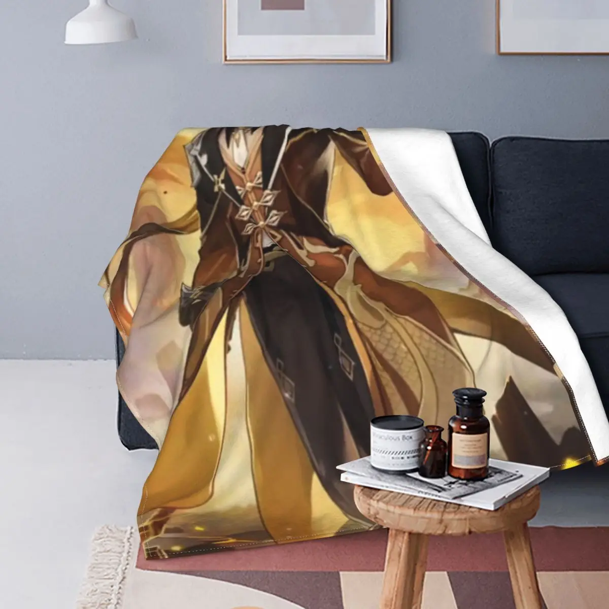 

Zhongli Genshin Impact Winter Coral fleece blanket Velvet Shaggy Fuzzy Quilt Home sofa Bedroom Bedding Throws Child Humor Graphi