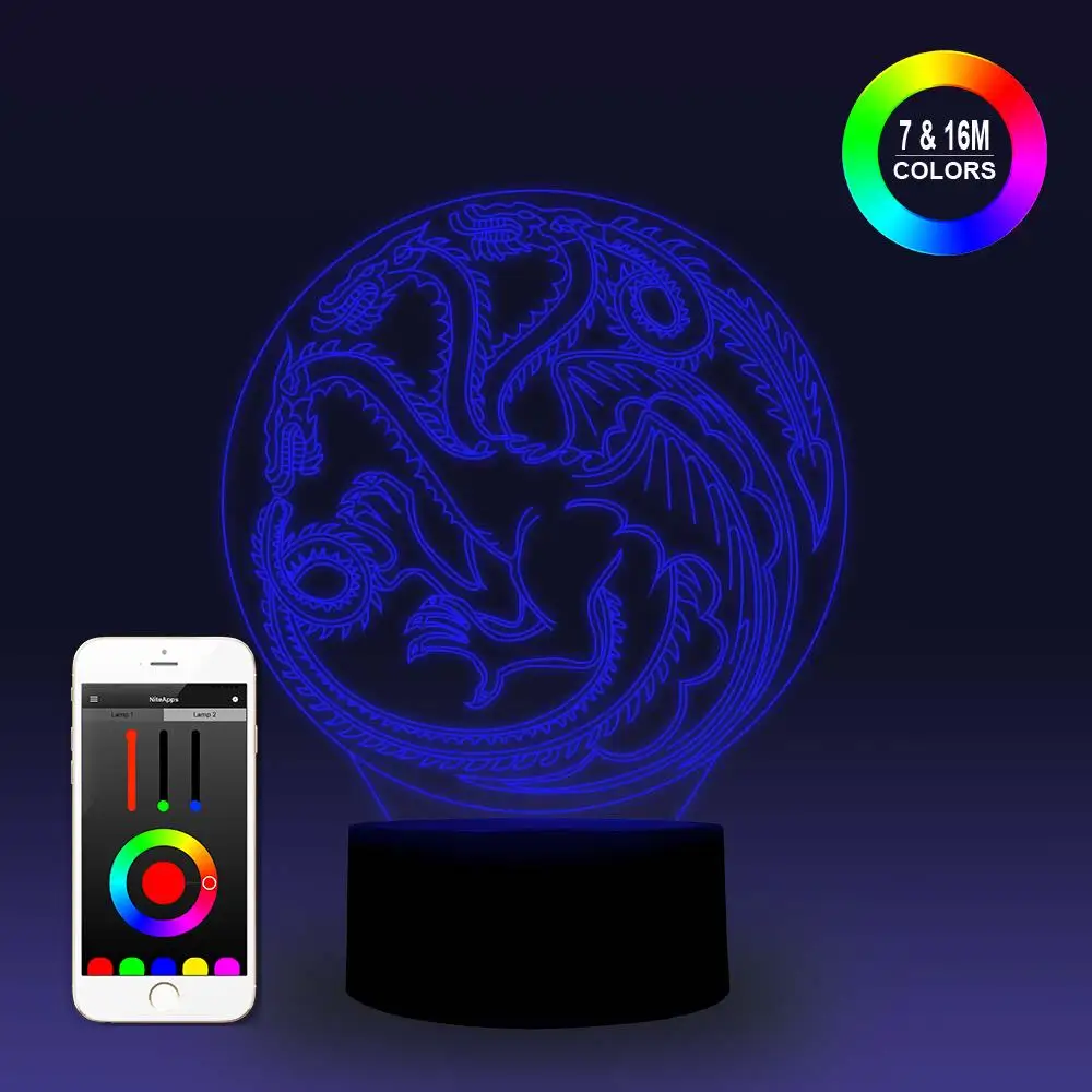 NiteApps 3D получил Таргариен логотип «Игры престолов» ночник стол Иллюзия Декор лампа подарок на день рождения приложение/сенсорный контроль