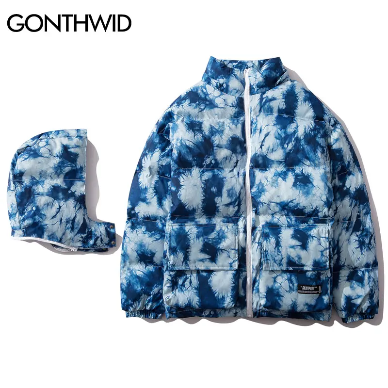 GONTHWID Tie Dye/толстая теплая парка со съемным капюшоном, куртки, хип-хоп хлопчатобумажные пуховики в повседневном стиле, парки, зимние пальто, уличная верхняя одежда