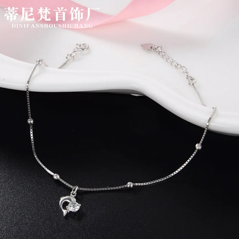 

S925 Fine Silver Girl'S Japanese Korean Fashion Simple round Ball Light Bead Cute Little Dolphin Anklet Hipster Trend Accessorie