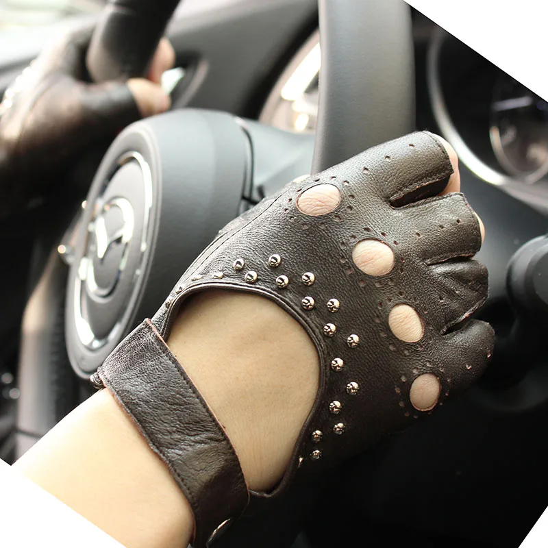 Red Black White Brown Leather Fingerless Gloves Bikers Weight Trainer Driver