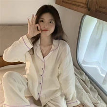 

comfortable gauze cotton pajama set women home suit long sleeve spring sleepwear suit breathable 2 piece set night wear D011