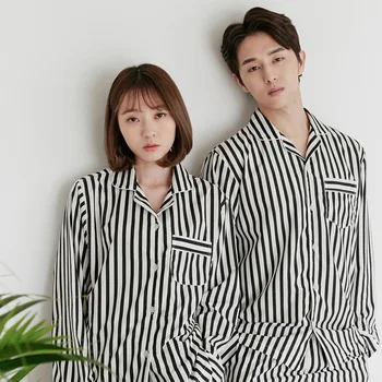 

2020 Spring Long Sleeve Top Pants Women Pajamas Set Lover's Couple Clothing Striped Cotton Comfortable Pyamas Men Sleepwear