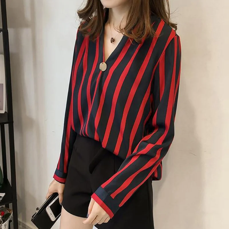

Women Striped autumn Winter Shirt Long Sleeve Blouse Fashion V-neck Shirts Casual Tops Blusas x
