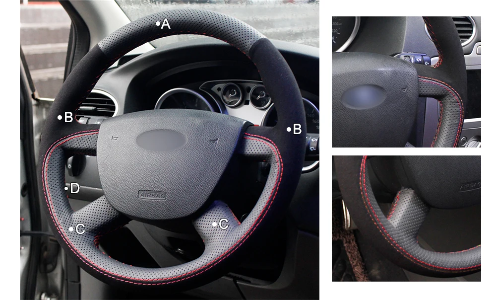 Черная замшевая крышка рулевого колеса для рукоделия для Ford Kuga 2008-2011 Focus 2 2005-2011 C-MAX 2007-2010 Transi