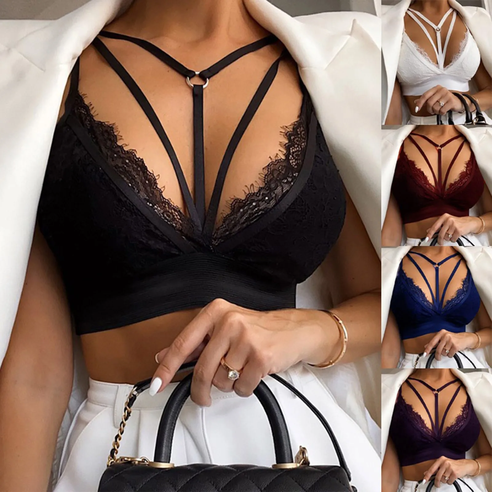 Ladies Sexy Hollow Out Lingerie Cage Harness Beach Lace Bra Bandage Tops  Push Up Bralette Bustier Summer Sleeveless Top Camisole