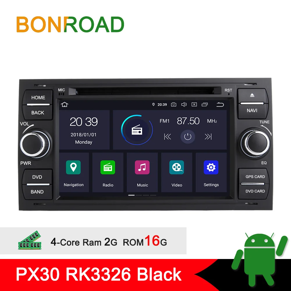 Bonroad " 2 din Android 9,0 для Focus/Fusion/Galaxy/S-Max/C-Max/transit Автомобильный мультимедийный плеер стерео радио gps навигация - Цвет: PX30 Black NO DSP