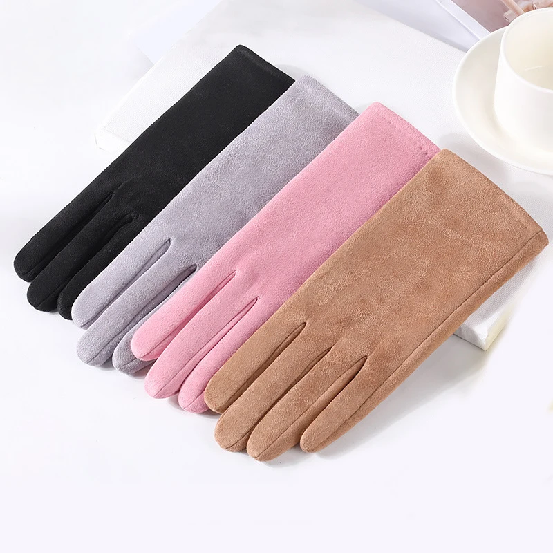 New Women Winter Keep Warm Touch Screen Suede Fabric Plus Velvet Inside Thicken Female Elegant Solid Simple Style Soft Gloves
