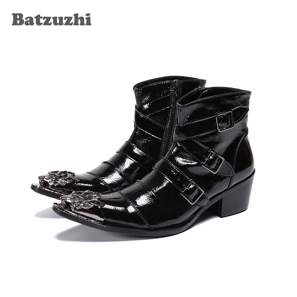 Batzuzhi Western Punk Men's Boots 6.5CM Heels Motorcycle Pointed Metal Toe Black Leather Ankle Boots Men Soft Leather Rock Boots