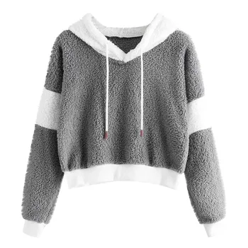 

Hooded Sweatshirt Women 2019 Autumn Fluffy Long Sleeve Patchwork Drawstring Short Sweatershirts Hoodie Pullover Streetwear
