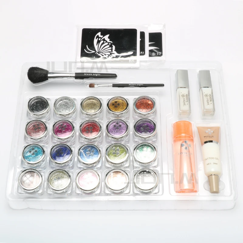 

20 Pcs Glitter Tattoo Powder For Body Art Temporary Tattoo Body Painting Kit With Brushes Glue Stencils Free Shipping