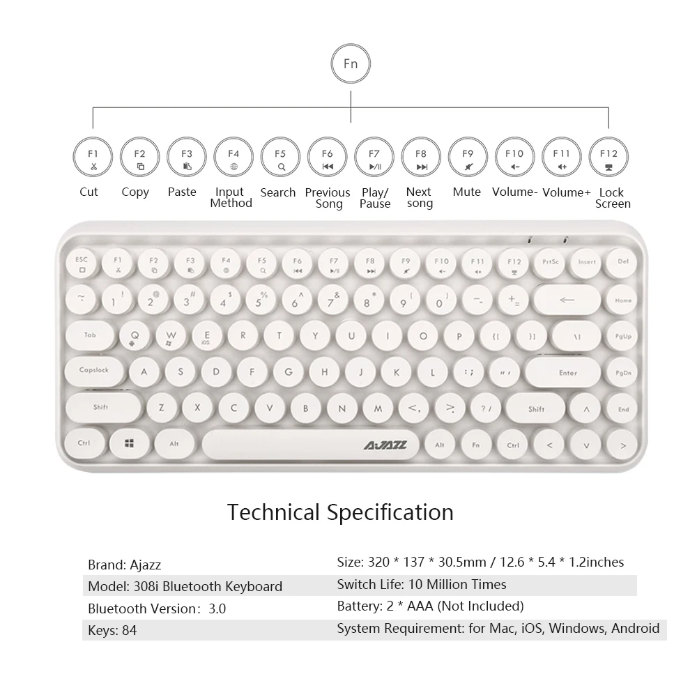 Ajazz 308i Беспроводная BT Клавиатура 84 классические круглые клавиши Беспроводная игровая клавиатура для Windows Mac Android iOS мультимедийный ключ