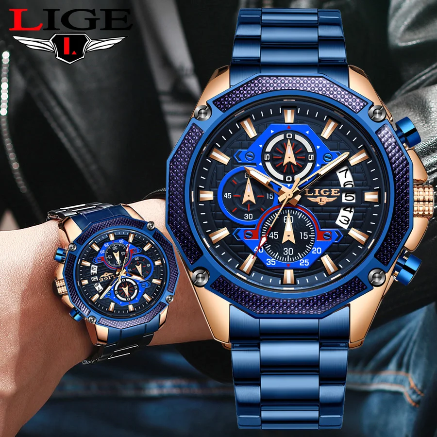 

2019 LIGE New Men Sport Chronograph Top Brand Luxury Watches Mens Fashion Business Waterproof Quartz Watch Big Dial Clock+Box