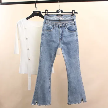 

New Spring Fall Women's Personality Diamond High Waist Tight Jeans Trousers Double Waist Skinny Split Stretch Flare Denim Pants