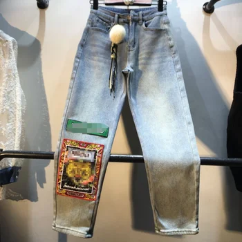 

spring autumn new casual stitching jeans women embroidered patch high waist straight jeans women pants